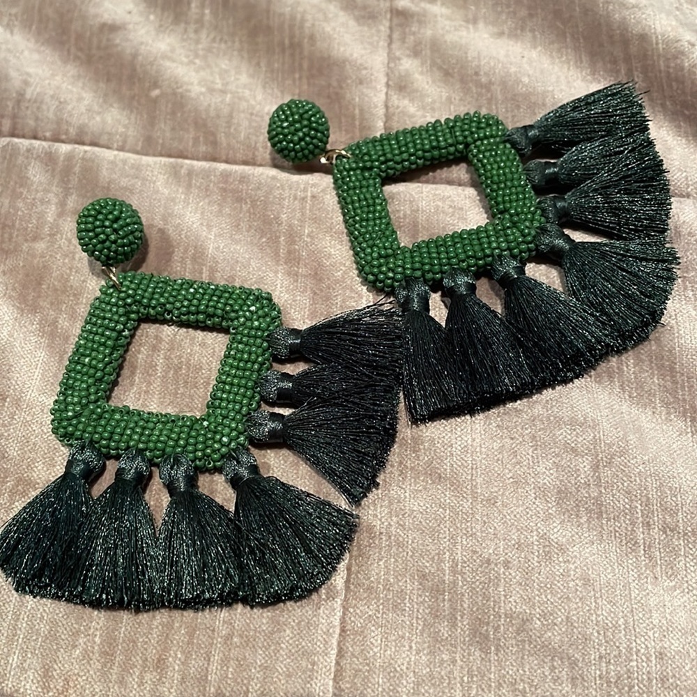 Enormous Beaded Fringe Earrings Green Boho Fancy